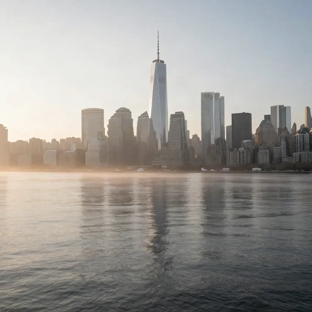 Lower Manhattan skyline above the Hudson in morning mist with calm water below