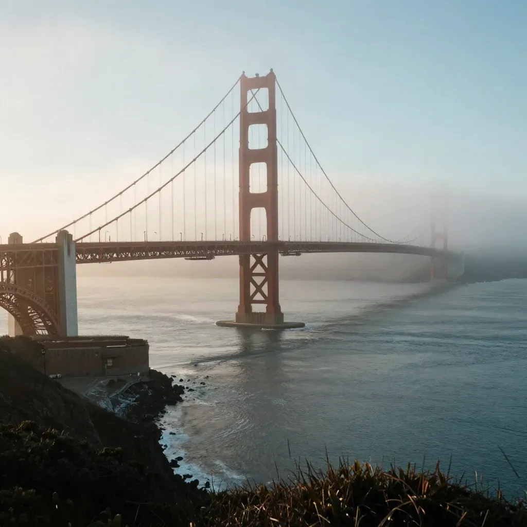 Golden Gate Bridge towers in dense fog above calm blue water