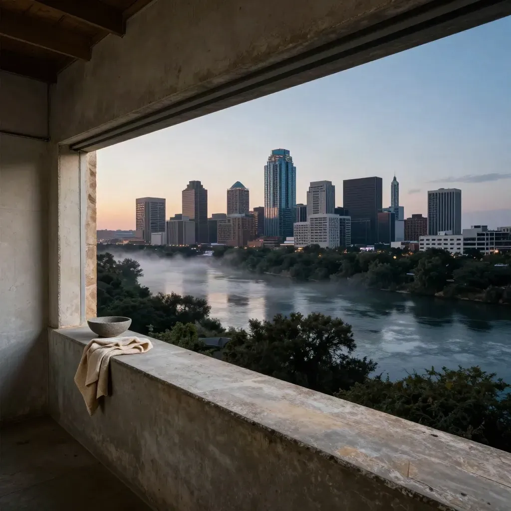 Austin skyline at dusk beyond a river bend, seen from a warehouse loft edge.