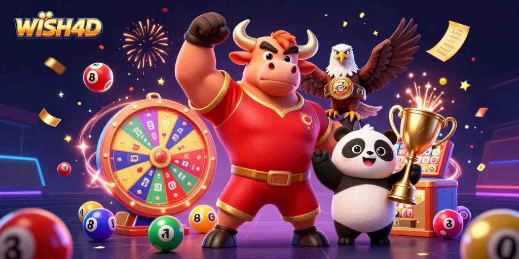 WISH4D showcases excitement as players celebrate with vibrant casino elements and joyful characters.