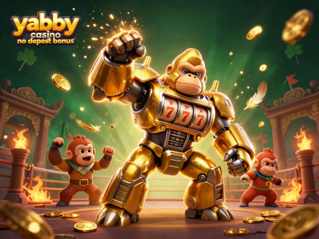 Engage with the exciting yabby casino no deposit bonus through our illustrated scene of a golden gorilla mech.
