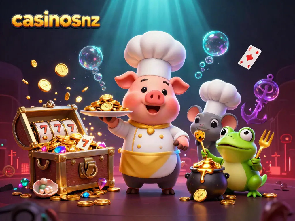 Engage with casinosnz vibrant casino-themed scene featuring a chef pig, golden coins, and slot reels