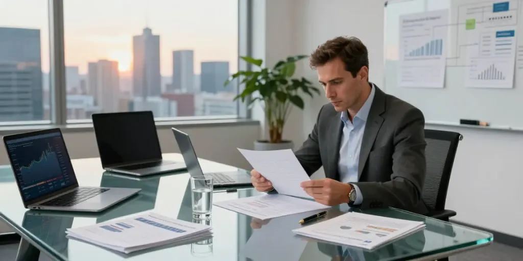 Charles Field Marsham net worth analysis in a modern office setting with investment reports and city views.