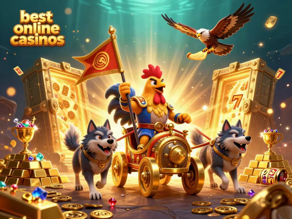 Experience thrilling wins at the best online casinos with a vibrant gaming adventure featuring a cartoon rooster warlord.