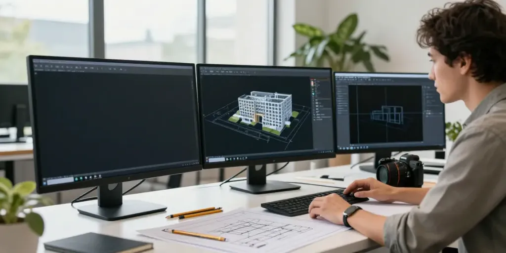 Freelance architectural drafting workspace with draftsman reviewing digital plans in a bright studio.