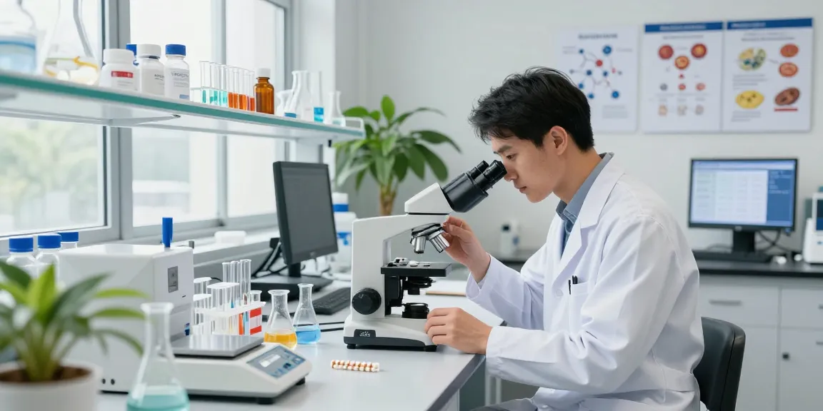 BPC 157 TB 500 Blend buccal strips under scientific analysis in a modern laboratory.