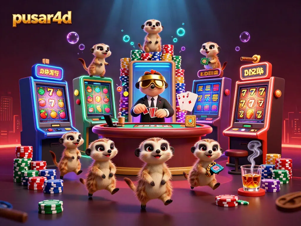 Experience the excitement of pusar4d with a quirky meerkat casino scene filled with vibrant slot machines and dynamic action.
