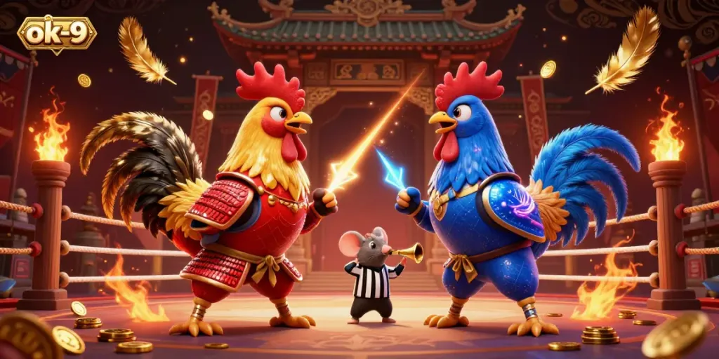 Witness the thrilling standoff of twin roosters in a vibrant casino scene, showcasing the brand ok-9.