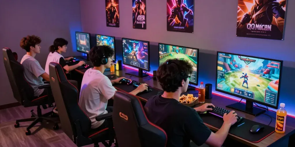 Friends playing QQMacan games in a modern gaming room with vibrant lighting.