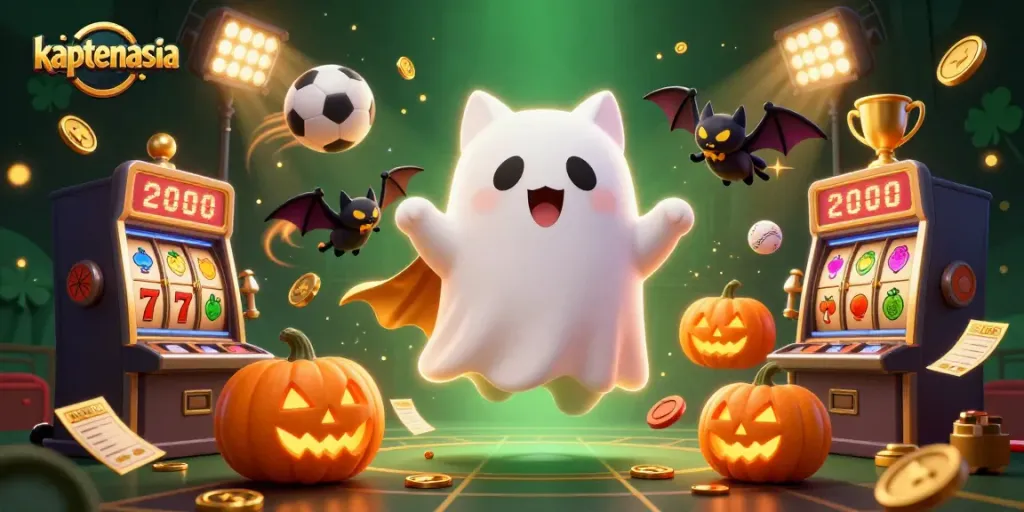Experience thrilling wins at kaptenasia with a ghost cat and vampire bat in a vibrant casino scene.
