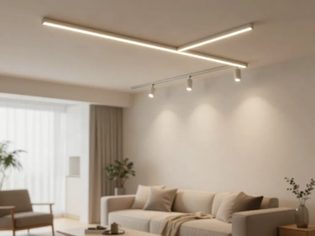 Iluminatul cu sina magnetica intr-un living modern, oferind o atmosfera contemporana si eleganta.