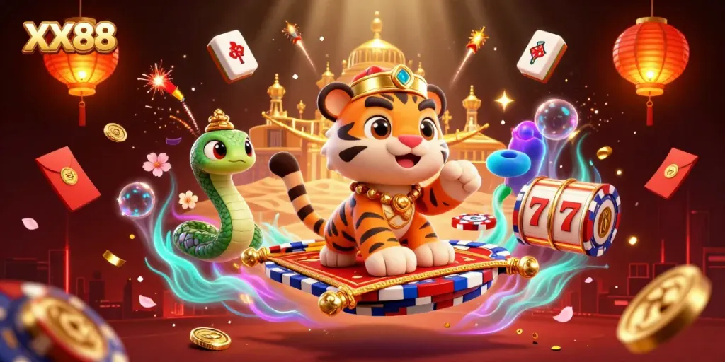 Experience thrilling gameplay with XX88, showcasing colorful casino elements and characters in a vibrant scene.