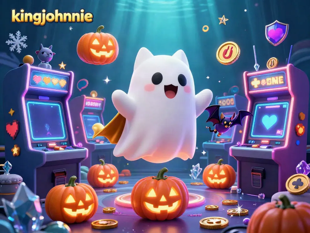 Engage with kingjohnnie's thrilling casino world, featuring a ghost cat and vibrant game elements.