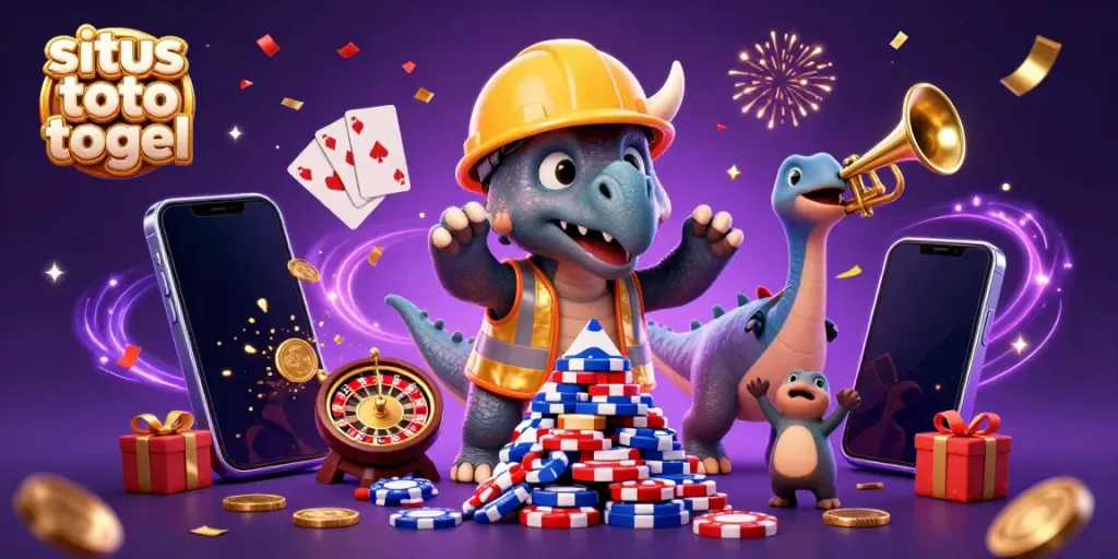 Watch the exciting scene of 3D dinosaur characters celebrating their wins on situs toto togel with festive casino elements.