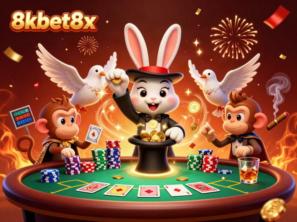 Engage in thrilling gambling action with 8xbet8x as a magician rabbit pulls golden coins amidst chips and confetti.