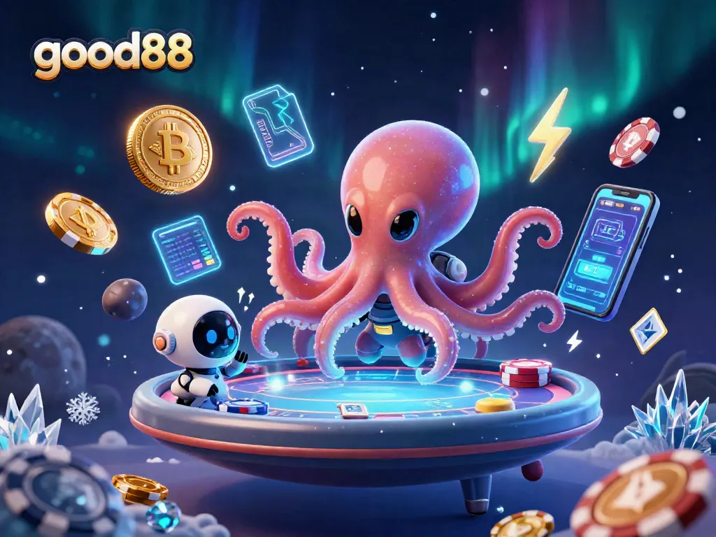 Join the exciting adventures at good88 with a fun alien octopus and crypto-themed poker game!