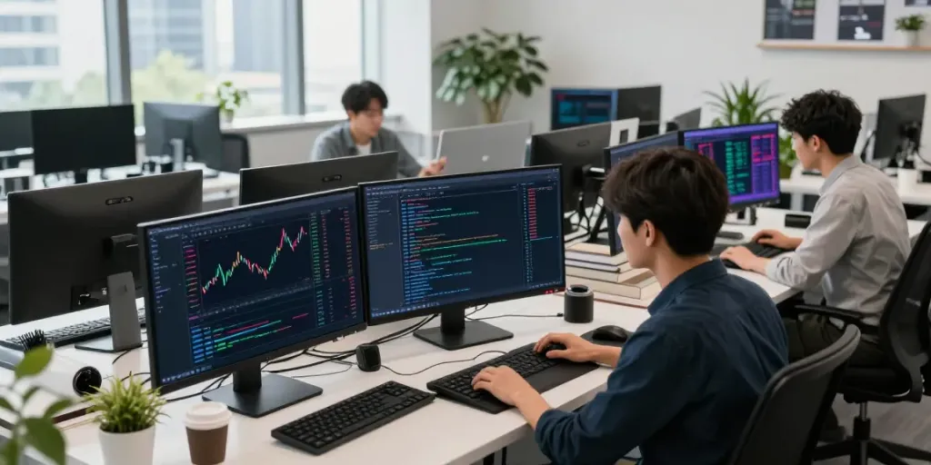 Real-time 股票API trading setup with multiple screens showing cryptocurrency data and analytics.