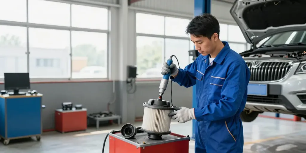 Professionelle DPF Reinigung in Hannover durch einen Mechaniker in einer modernen Werkstatt