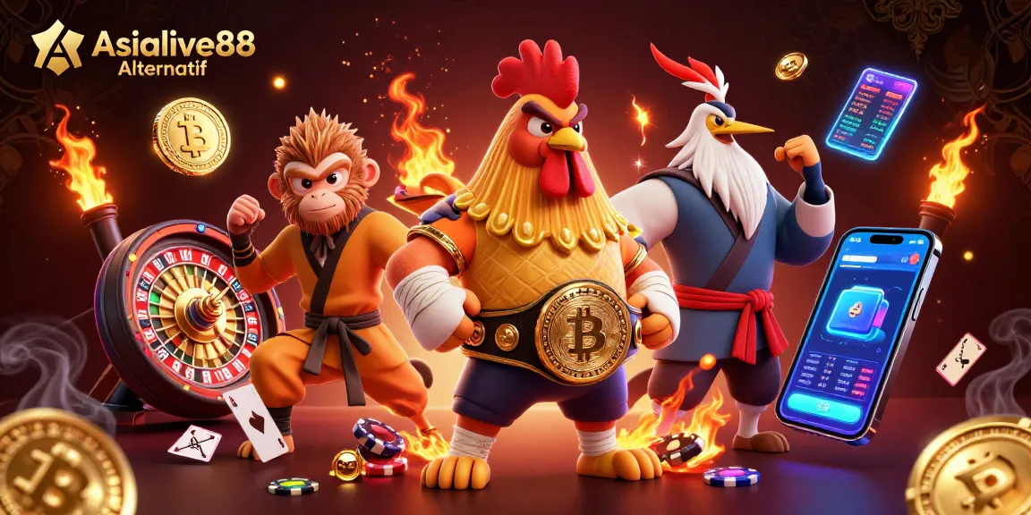 Experience thrilling gaming with Asialive88 Alternatif, highlighted by lively characters and casino elements.