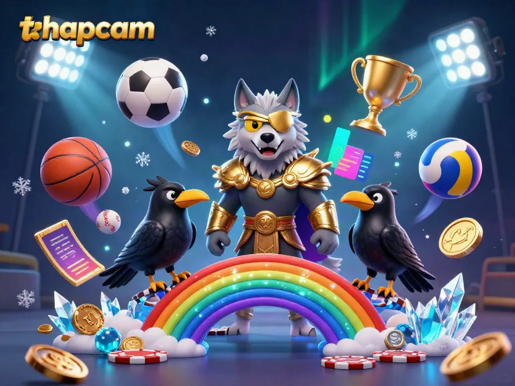 Engaging thapcam sports betting illustration featuring Norse Odin and ravens with dynamic sports elements.