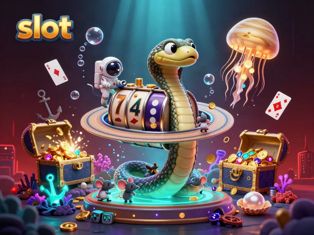Spin slot reels with astronaut mice betting while a cosmic dealer oversees in this vibrant 3D casino art.