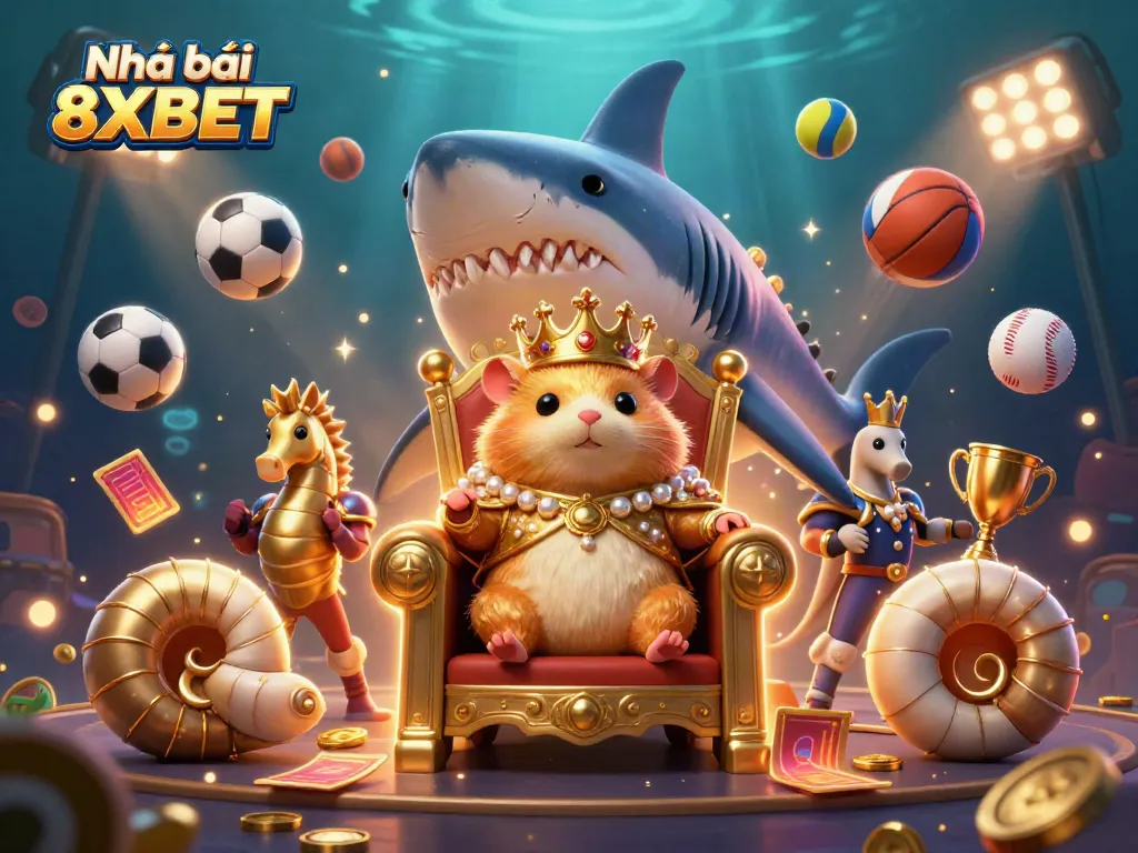 Experience the excitement of Nhà cái 8XBET with a vibrant undersea casino scene including a fierce hamster king and various sports elements.