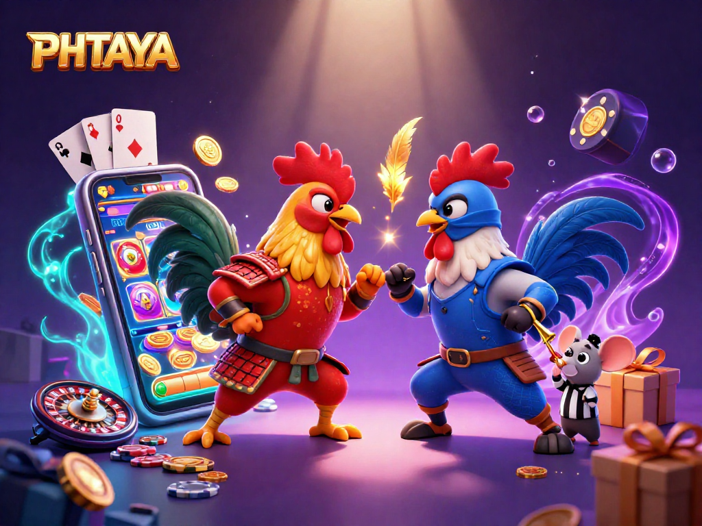 PHTAYA casino illustration with battling roosters and colorful slot game elements exemplifying thrilling gaming action.