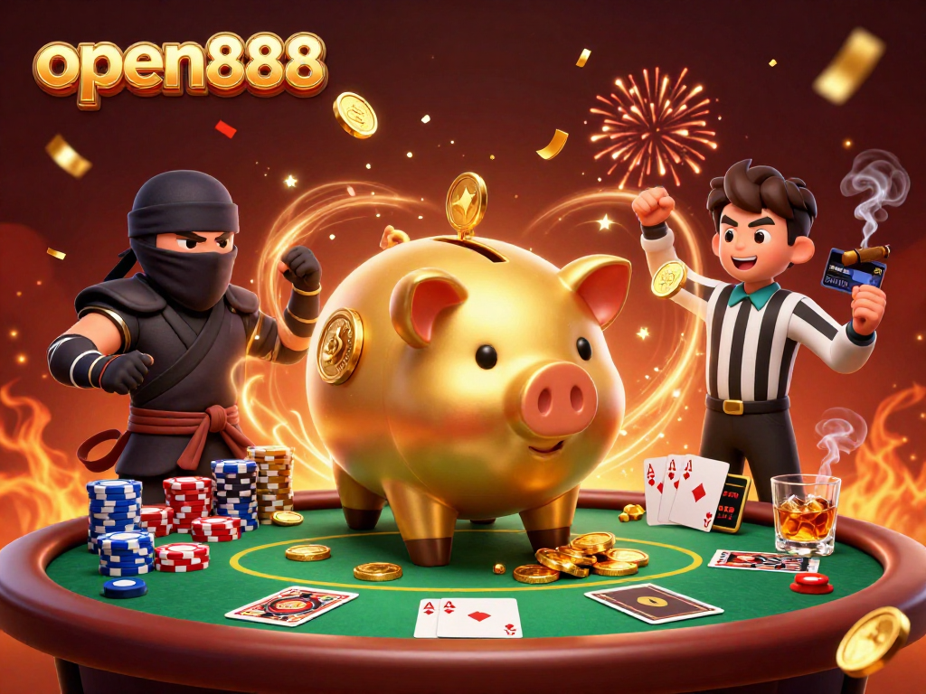 Join the excitement at open888 with a golden piggy bank sumo wrestler in a lively poker scene.