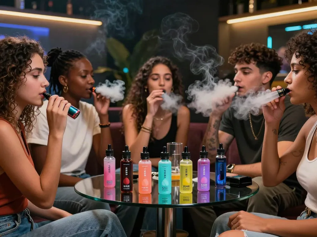 Group of friends enjoying nicotine salt vape products in a contemporary lounge atmosphere