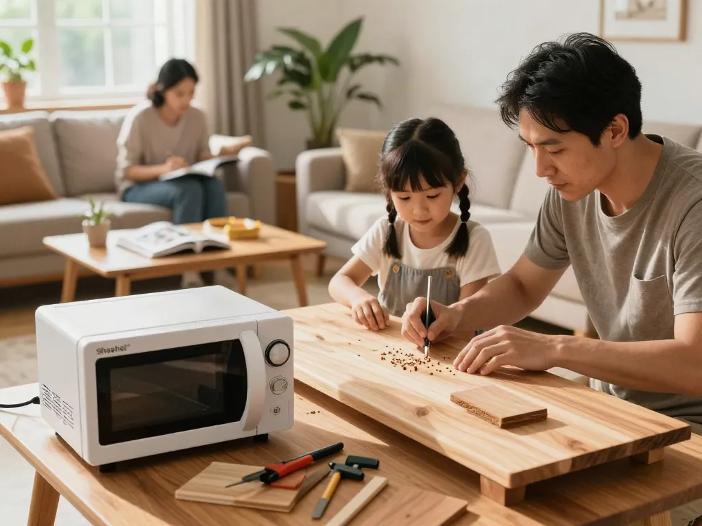 Family using SHASHEL® microwave equipment for woodworm treatment in a cozy living room