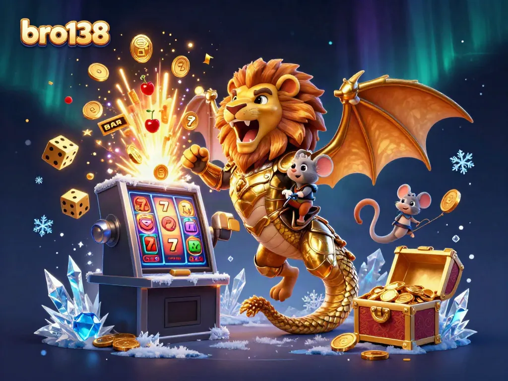 Experience excitement at bro138 as a chimera and mouse jockey celebrate a jackpot triumph with flying symbols.