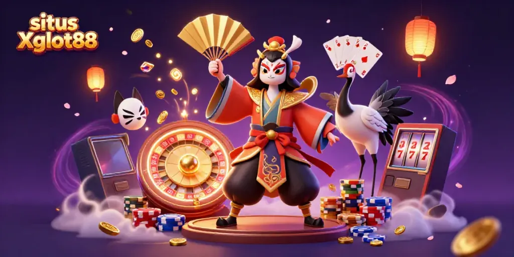 Ilustrasi 3D situs Xgslot88 menampilkan pemandangan kasino dengan pejuang kabuki dan elemen permainan bergerak.