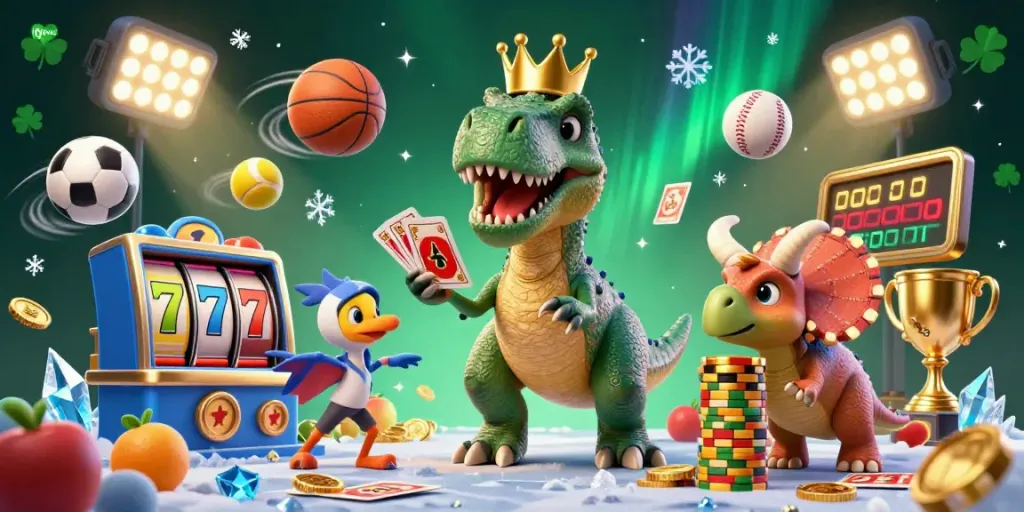 Experience the excitement of MPO08 with a casino-themed 3D illustration featuring a T-Rex and friends playing cards.
