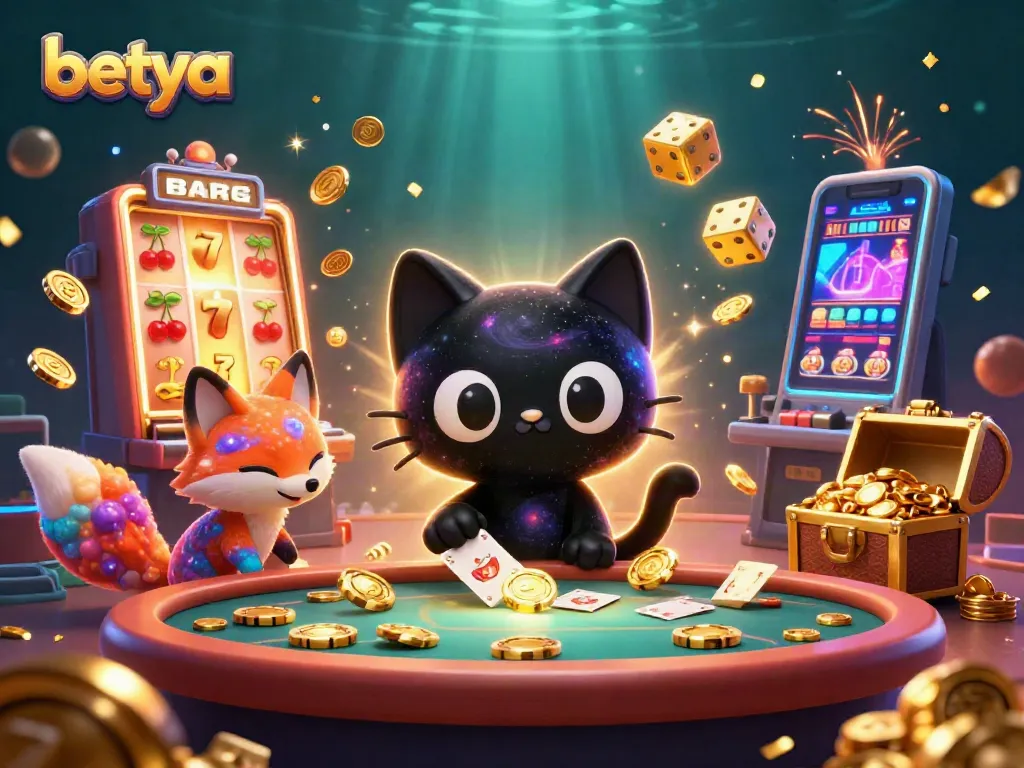 Experience excitement at betya's cosmic casino with a cartoon black hole cat and colorful fox!