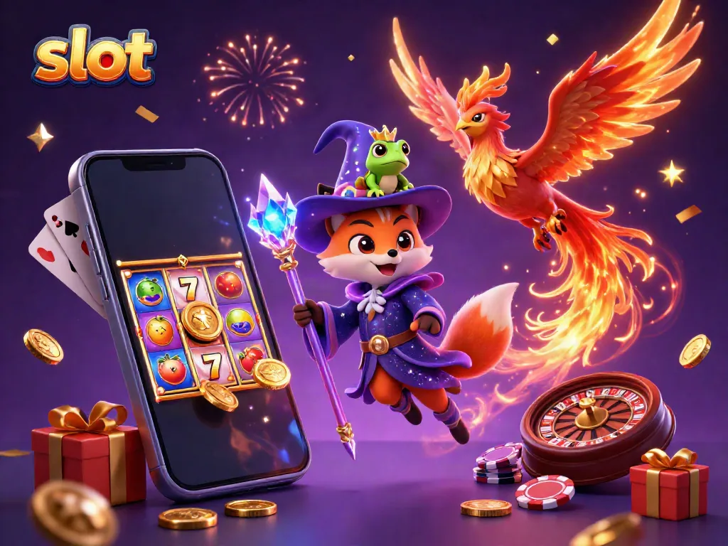 Engage in thrilling slot gameplay with a mystical wizard, phoenix, and enchanted frog.