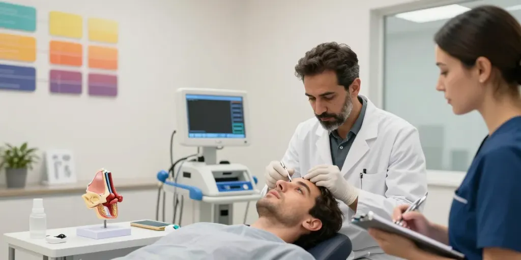 Dr. Zahi Abou Chacra examining a patient's nose in a modern clinic