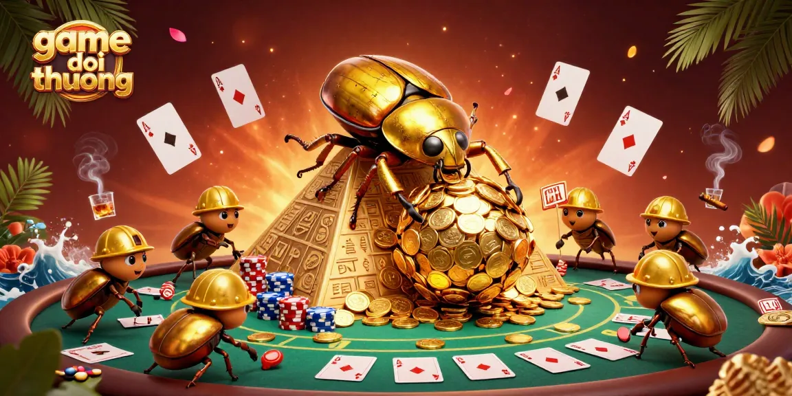 Experience thrilling action in game doi thuong with cartoon beetles rolling golden coins at a vibrant casino scene.