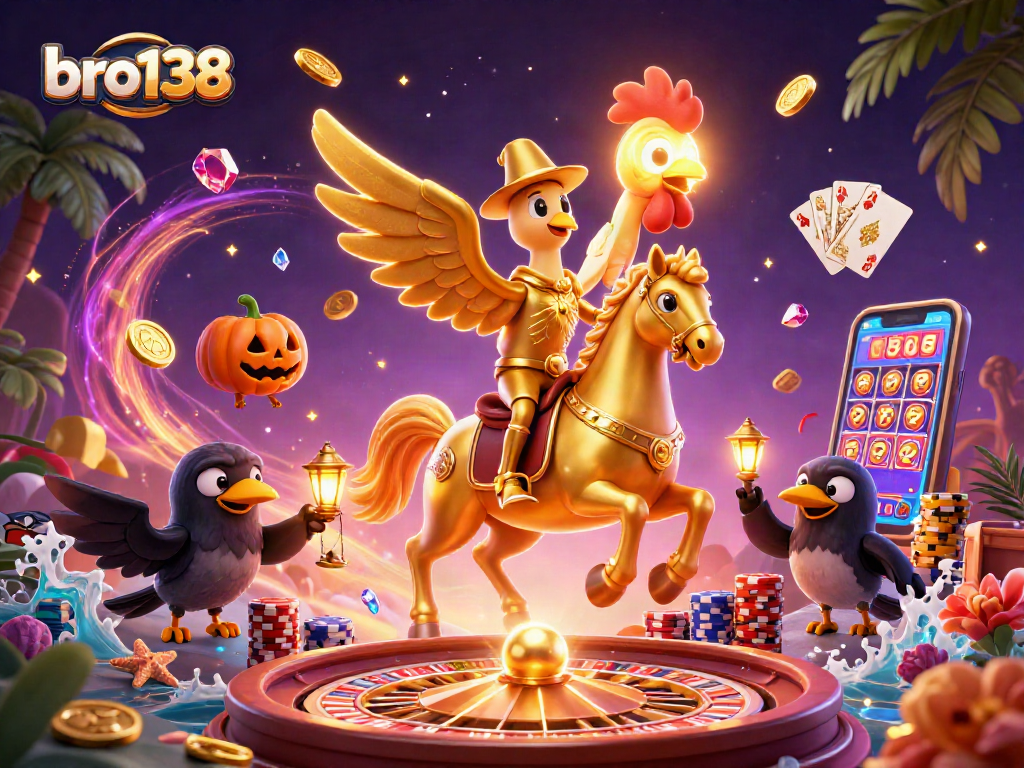 Experience excitement with bro138 as golden characters bring the casino to life amidst vibrant gaming elements.