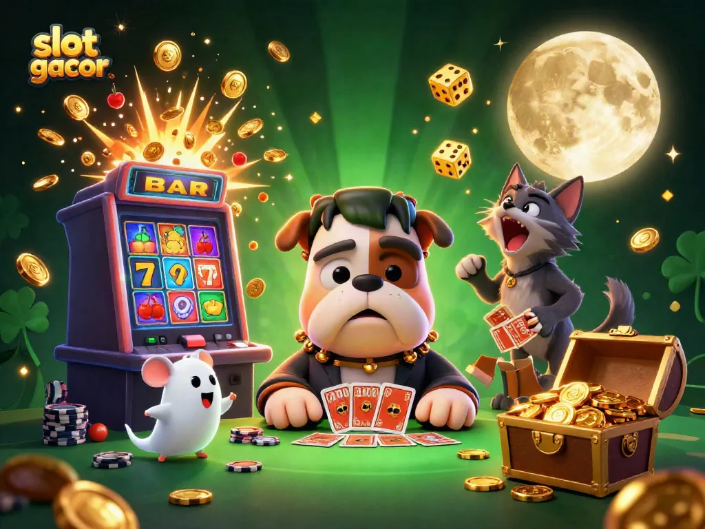 Experience the excitement of slot gacor with a colorful 3D casino scene featuring dynamic characters and vibrant game elements.