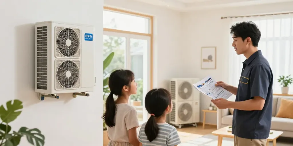 Heat Pumps & Gas Heater Replacement discussion with family and technician in a bright home.