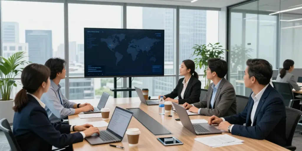 Team of insurance professionals discussing global insurance news today in a modern conference room.