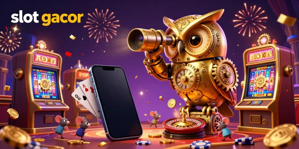 Engaging slot gacor scene with a golden owl and tiny mice across vibrant slot machines, showcasing golden coins and festive elements.