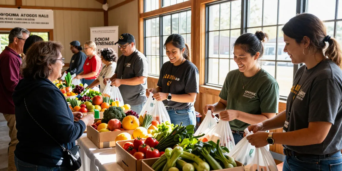 Community food distribution at springshall.org featuring local farmers and volunteers supporting food access.