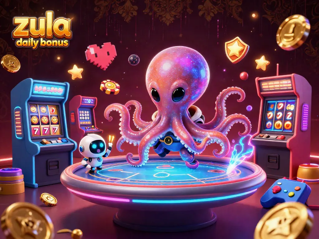 Zula Casino daily bonus illustration featuring an alien octopus at a poker table, surrounded by colorful gaming elements.