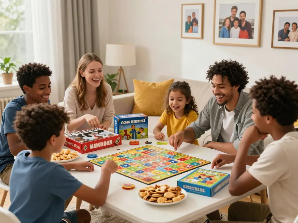 Family enjoying a game night with popular board games, snacks, and laughter in a cozy game room.