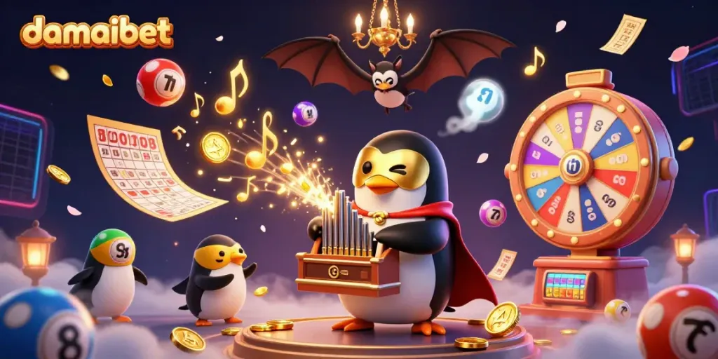 Experience the excitement of damaibet with a whimsical 3D scene featuring a penguin organist, acrobat bat, and dancing lottery elements.