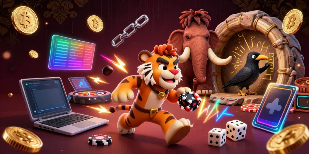 Engage in exciting gaming at E39 with a vibrant scene of 3D caveman characters and crypto elements.