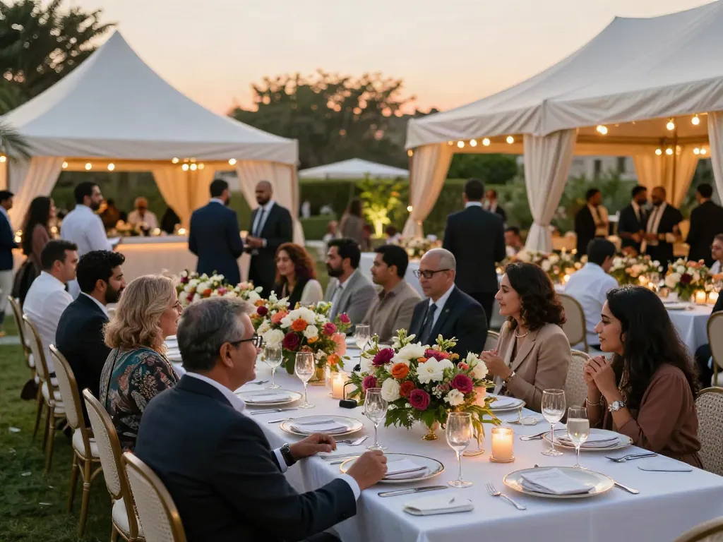 Outdoor event rental ksa setup with elegant decorations and guests enjoying the ambiance.