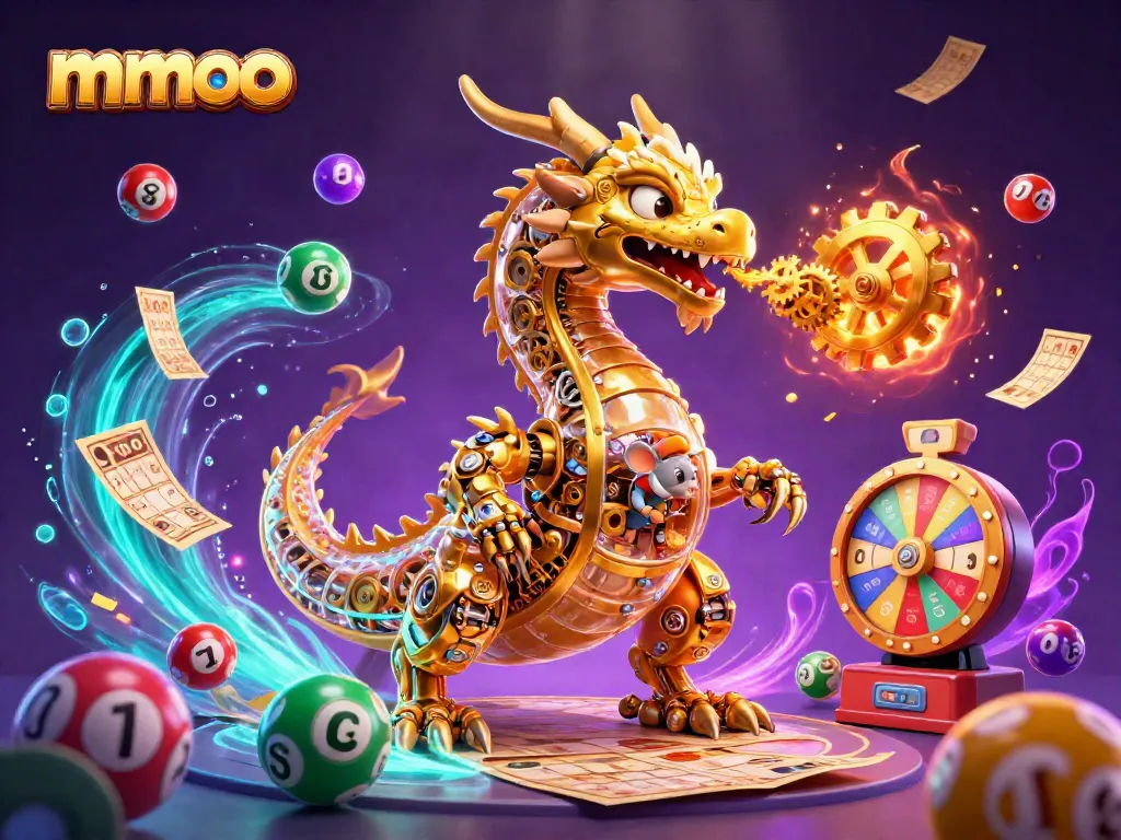 Win big with mmoo's vibrant lottery scene featuring a golden dragon and dynamic gameplay elements.