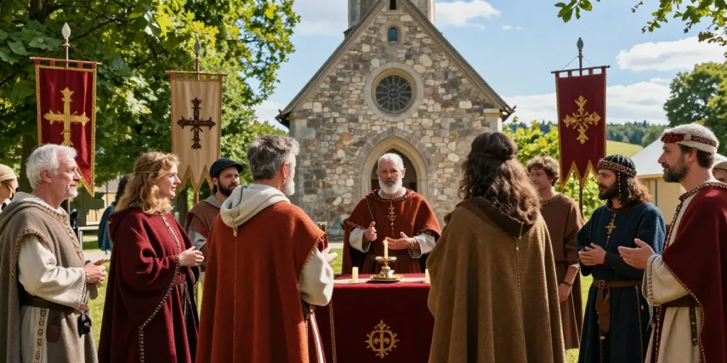 Scène historique des membres de l'ordre de Saint-Lazare en cérémonie dans un cadre champêtre.